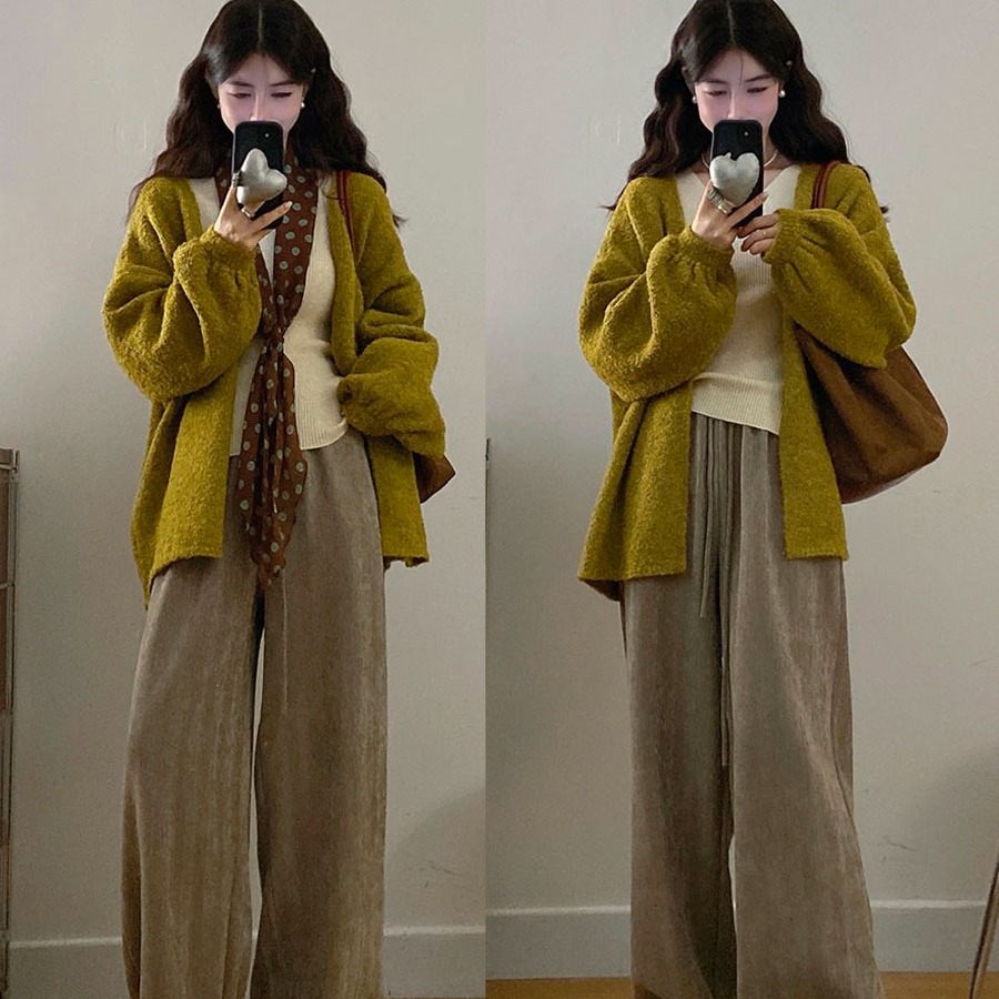 绿色毛衣+雪尼尔加厚百搭阔腿裤