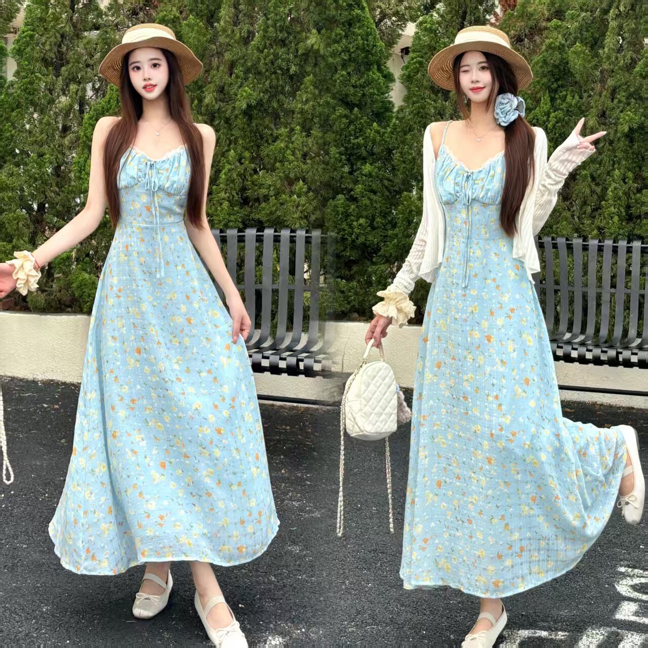 MM谢谢家温柔系蕾丝花边雪纺碎花连衣裙女微胖大码收腰裙子套装潮