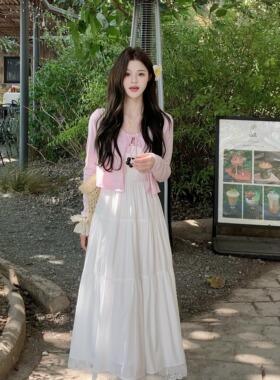MM谢谢家大码胖mm气质减龄开衫韩系白色吊带蕾丝拼接连衣裙套装女