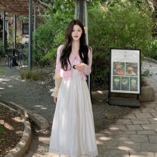 女 韩系白色吊带蕾丝拼接连衣裙套装 MM谢谢家大码 胖mm气质减龄开衫