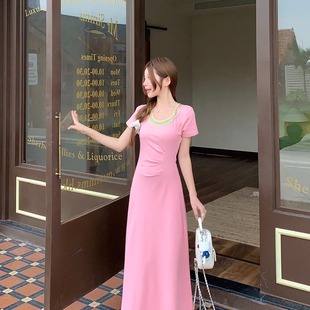 韩系设计感假两件拼接高腰连衣裙温柔少女气质中长裙 MM谢谢家大码