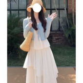 三件套宽松 初春纯欲风白色吊带背心半裙浅蓝开衫 MM谢谢家大码 女装