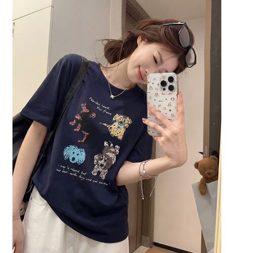 tee卡通涂鸦彩绘狗狗宽松短袖