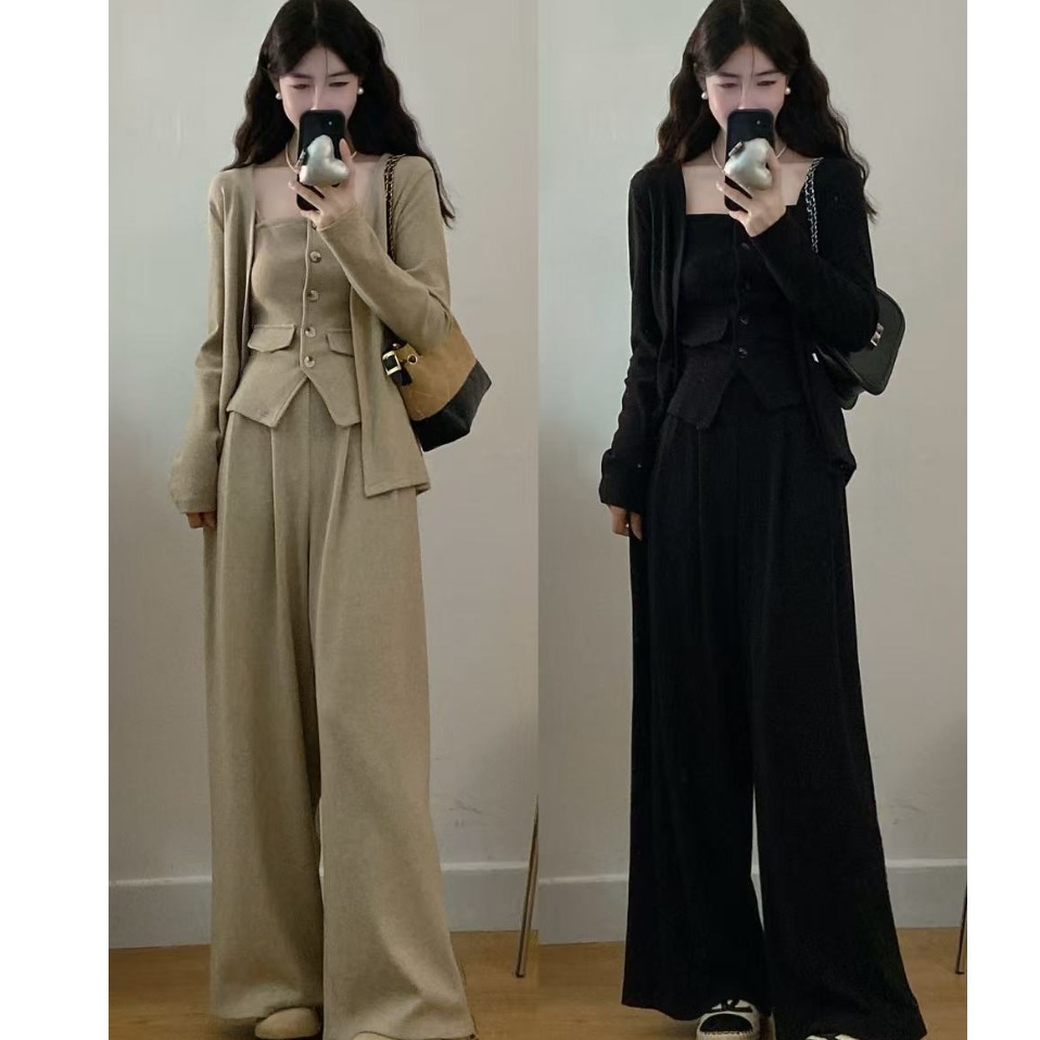 开衫+修身抹胸吊带+阔腿裤套装