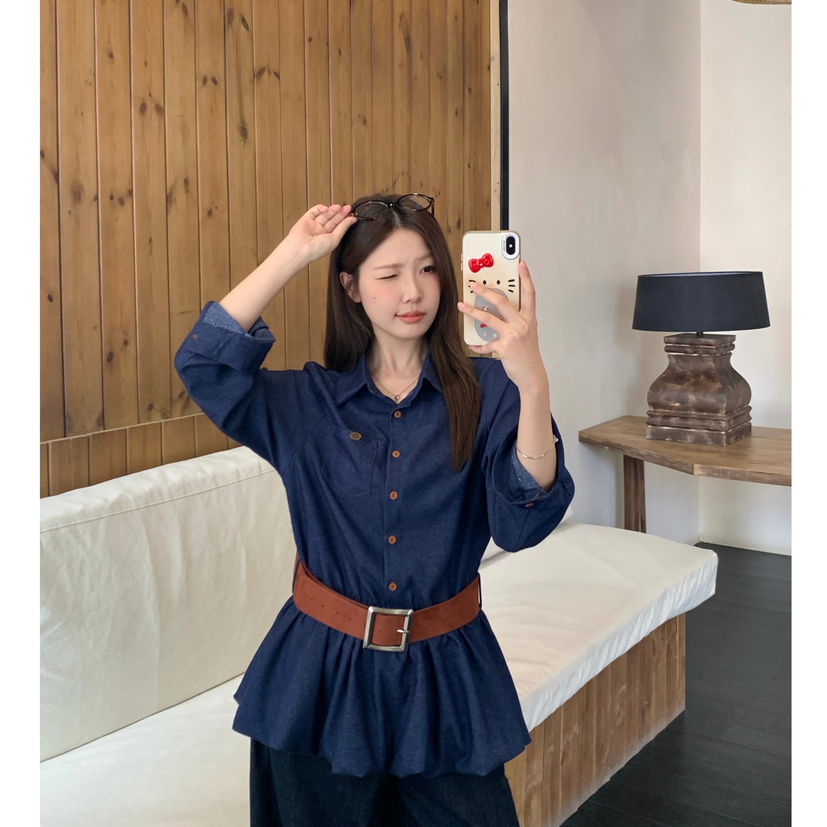 花苞仿牛仔衬衫宽松遮肉百搭上衣