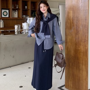 复古条纹宽松长袖 三件套装 衬衫 半身裙大码 秋 配披肩 MM谢谢家新款