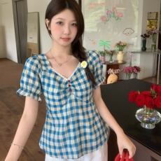花格子短袖衬衫收腰显瘦绝美上衣