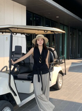 MM谢谢家大码女装黑色薄款针织衫女+条纹阔腿宽松休闲裤两件套潮