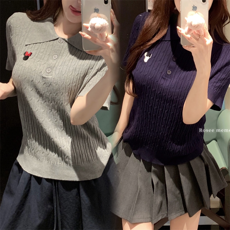 MM谢谢家大码胖mm正肩麻花纹学院风polo领刺绣针织短袖薄款上衣女