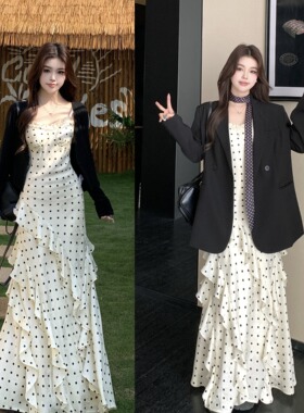 MM谢谢家法式波点连衣裙女显瘦通勤高级感+黑色西装针织开衫件套