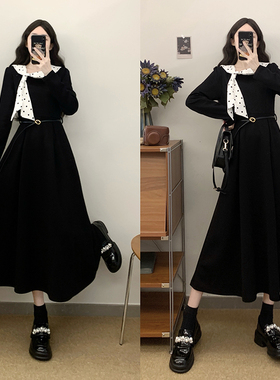 MM谢谢家大码新款法式气质波点飘带领拼黑色连衣裙高级感收腰长裙