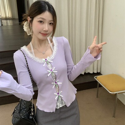 早春紫色长袖针织打底衫显瘦上衣
