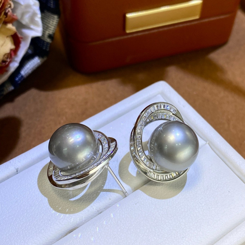 S925银星轮海水珍珠耳钉12-13mm