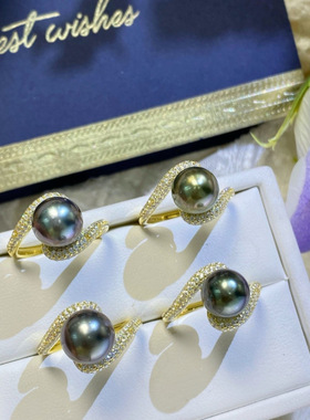 通体s925银 经典海水珍珠戒指 9-10mm海水大溪地黑珍珠