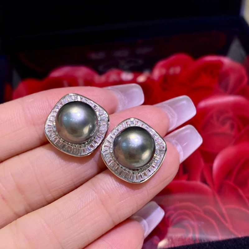 S925银爆闪菱形海水珍珠耳钉10-