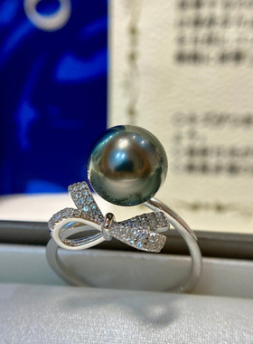S925纯蝴蝶结 海水珍珠戒指     9-10mm海水大溪地黑珍珠