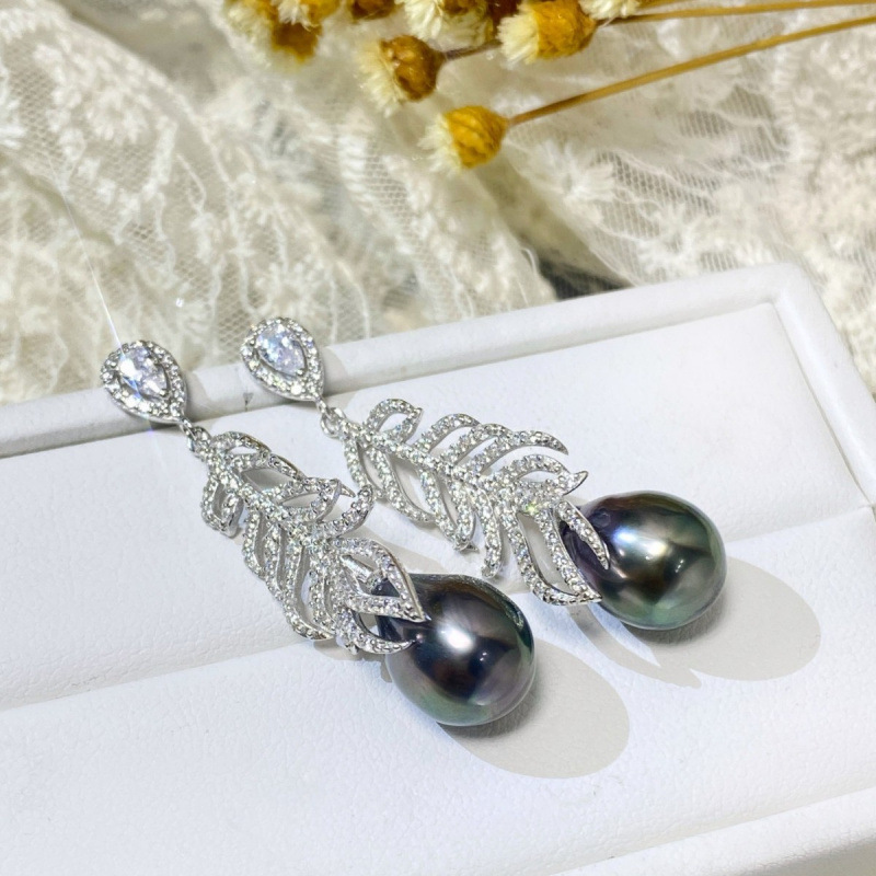 S925银羽毛海水珍珠耳饰10-11mm