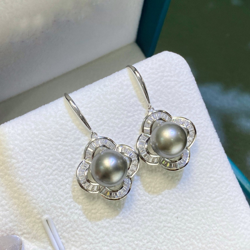 通体s925银四叶草海水珍珠吊环9