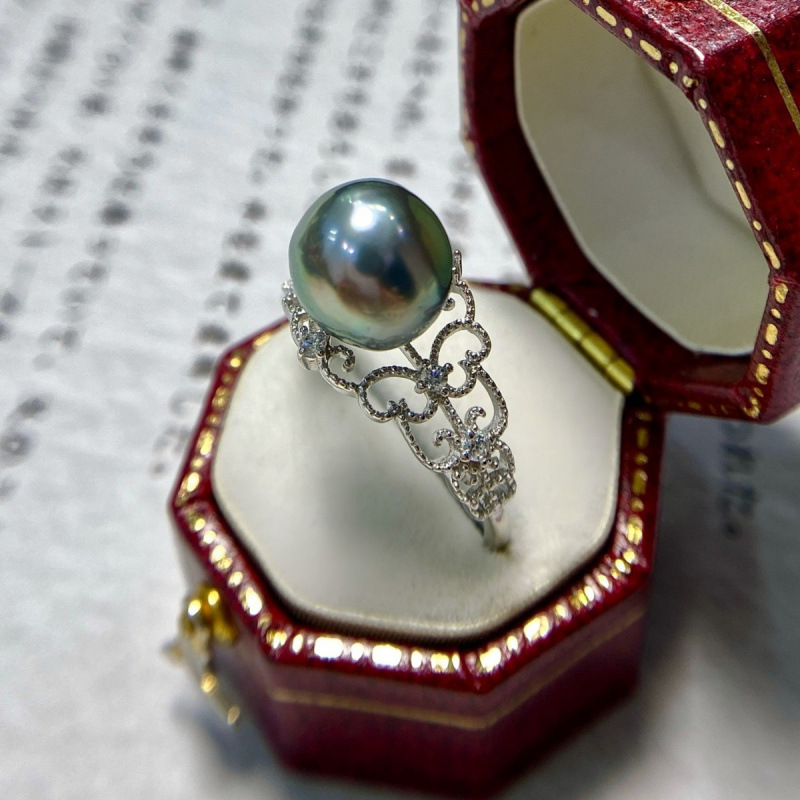 通体s925银蕾丝珍珠戒指复古