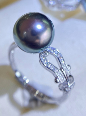 通体s925银 海水珍珠戒指  9-10mm海水大溪地黑珍珠