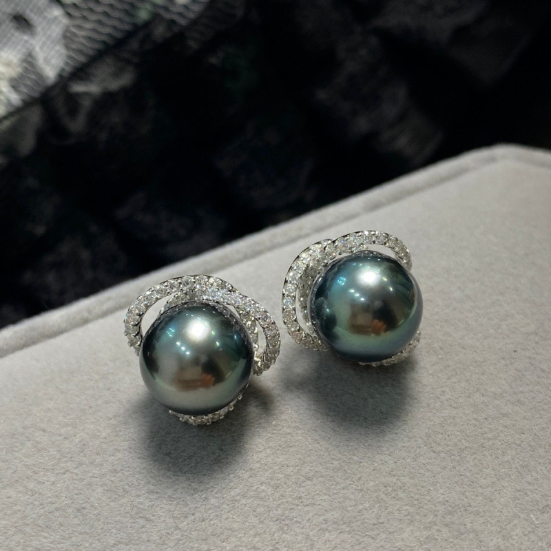 通体s925银珍珠耳钉9-10mm海水