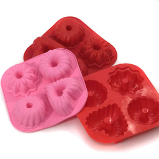 粉色4连花形心形中空甜甜圈硅胶模具薄矽胶蛋糕面包圈小松饼mold