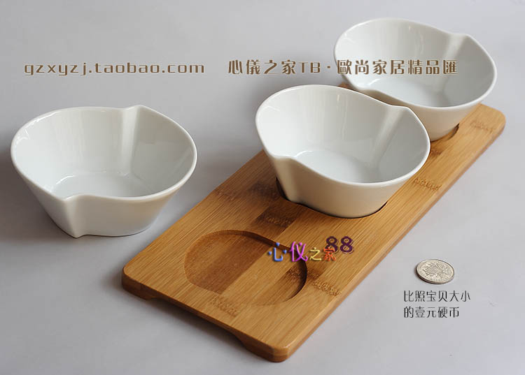 欧洲原单4寸创意白瓷味碟x3+竹木托盘套装/鱼生芥辣酱料碟辣油碟