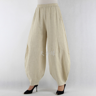 天香缘松紧腰麻棉复古九分灯笼裤