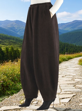 天香缘灯笼裤女秋冬复古棉麻休闲宽松老爹裤禅修太极哈伦舞裤3699