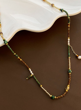 新中式复古彩色珍珠锁骨链女款