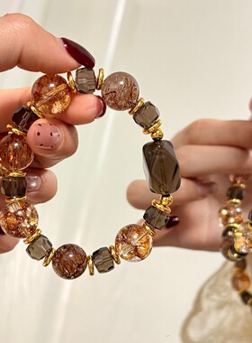 【焦糖拿铁】天然黑金超金箔胶花水晶手串女高级感冰曜石随型手链