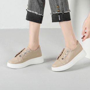 拼色橡筋水钻圆头厚底休闲鞋 女新款 百搭复古风牛皮小白鞋 日常四季