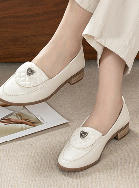 Fruit Fragran小香风菱格奶油白乐福鞋女爱心扣低跟软底舒适单鞋