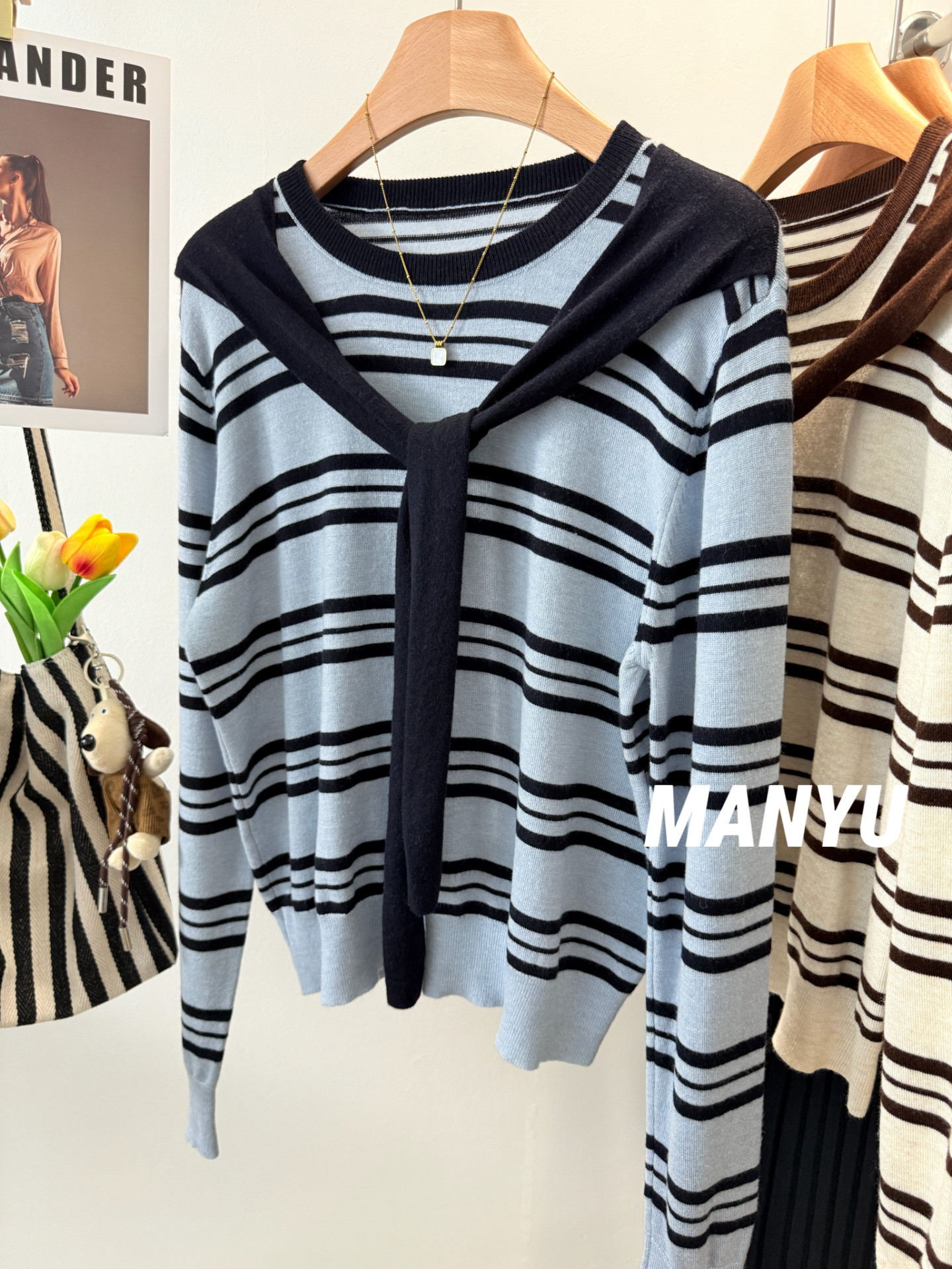 MANYU 韩国减龄条纹设计感假两件显瘦羊毛长袖针织衫女披肩袖上衣
