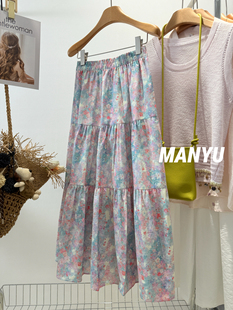 MANYU 油画半身裙春夏晕染感印花A字蛋糕裙半裙艺术气质伞裙 韩版