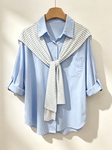 韩系条纹假两件显瘦短袖衬衫女