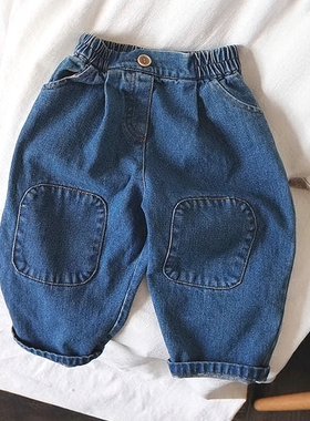 春夏款儿童新款牛仔裤亲子怀旧牛仔裤宝宝男童女童膝盖补丁休闲裤