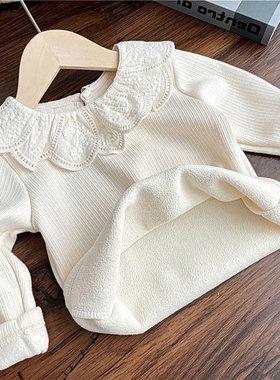 衫2023新款秋冬女宝宝加亲子童娃娃领打底花边领长袖T恤上衣