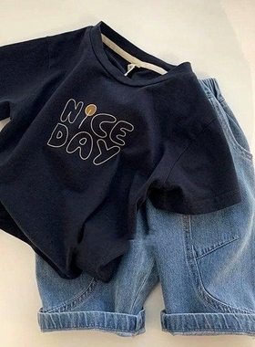 2023韩帅休闲黑色T恤宝宝夏装版男童夏装纯棉短袖儿童酷百搭半袖