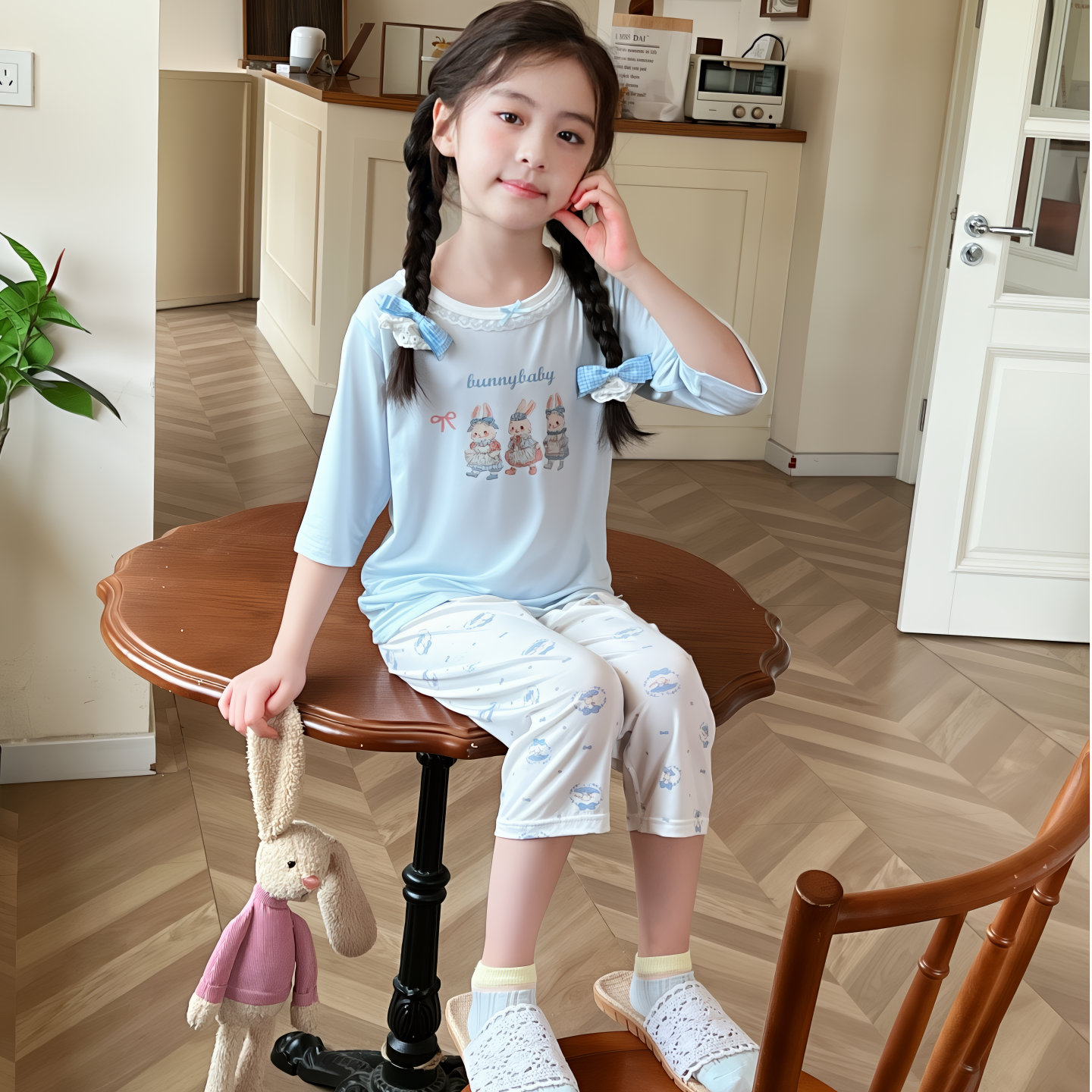 赛尔七分袖套装夏季薄款花边宝宝空调儿童睡衣雅服男宝女宝家居服