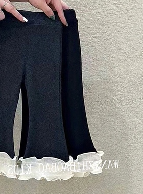 紧身修身松黑色荷叶边拼接甜美紧腰女小童打底裤弹力可爱裤子