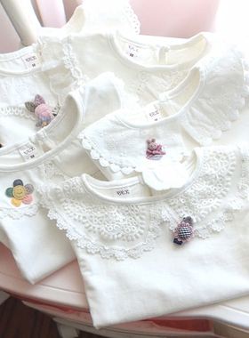 2022春夏季新款花边外穿白色翻领儿童针织打底衫女童宝宝长袖T恤3