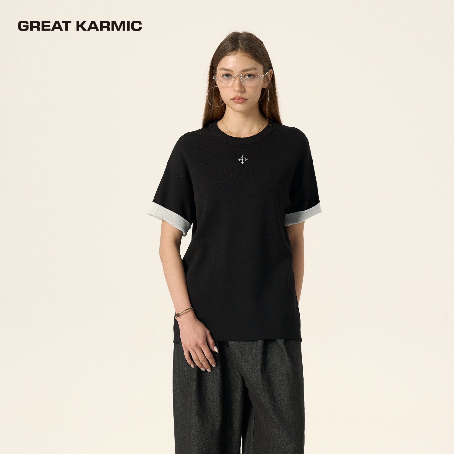 GREATKARMIC 十字箭刺绣针织双色短袖双层撞色宽松假两件T恤GRKC - 实物图