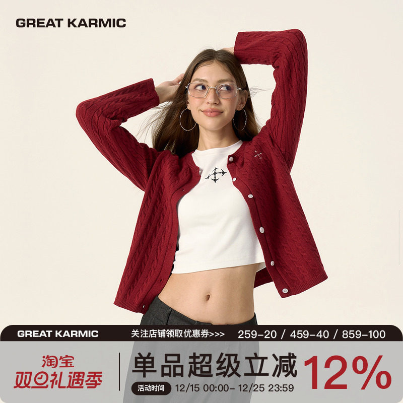 GREATKARMIC 酒红色复古纽花开衫软糯亲肤短款刺绣显瘦针织衫GRKC