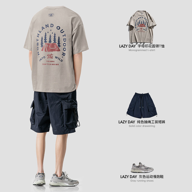 LAZY DAY 오리지널 남성 의류 세트 일본 크리에이티브 프린트 반팔 티셔츠 남성 작업복 루즈 탑 트렌디