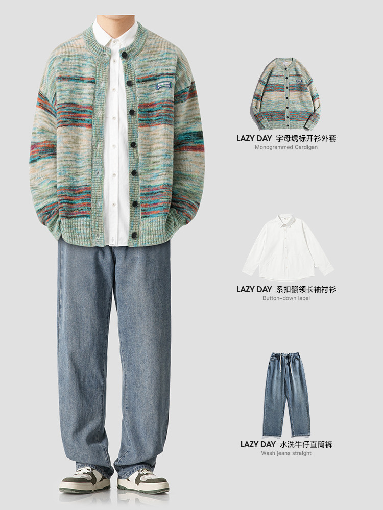 LAZY DAY 오리지널 남성복과 아메리칸 레트로 그라데이션 스트라이프 크루넥 스웨터 남성 가을 스트레이트 청바지