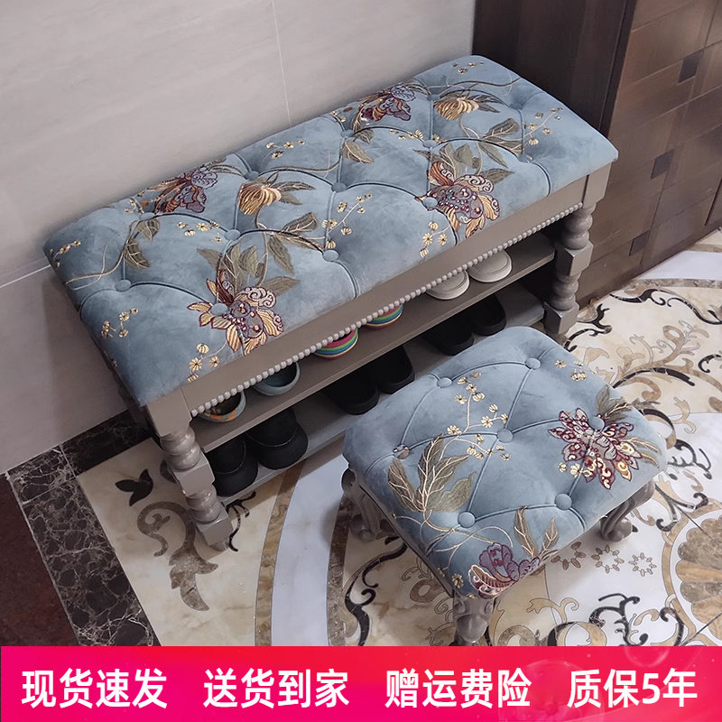 高级灰布艺实木换鞋凳家用鞋柜门口简约现代玄关凳入户门换鞋凳柜