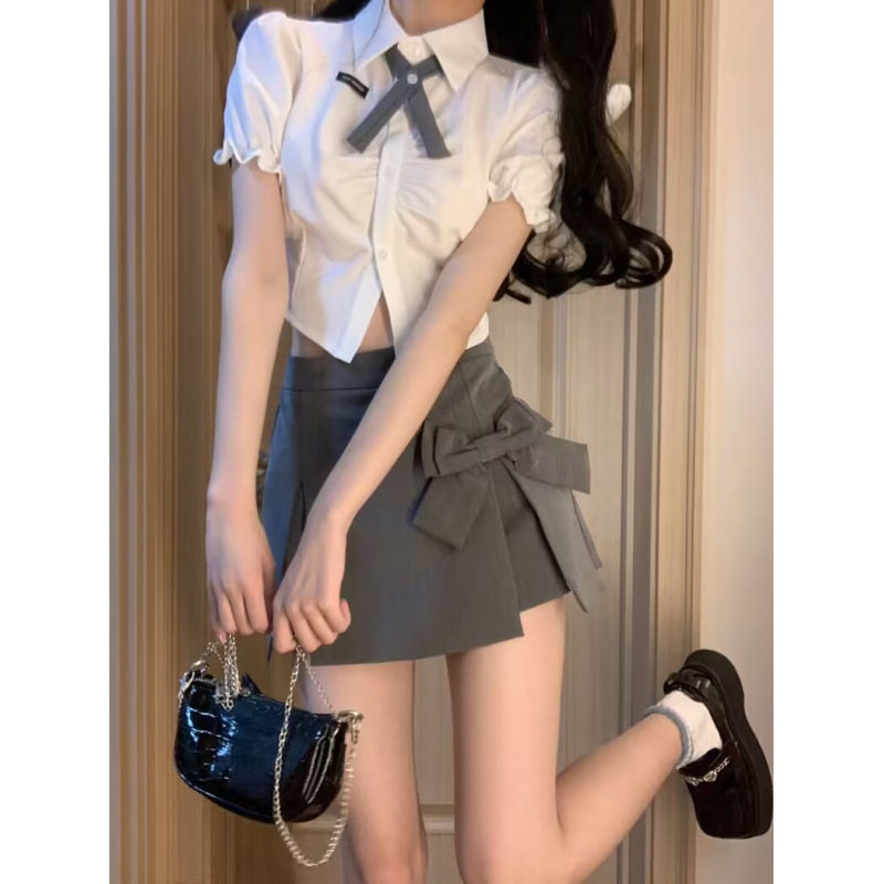 纯欲风短款泡泡袖衬衫套装女夏高
