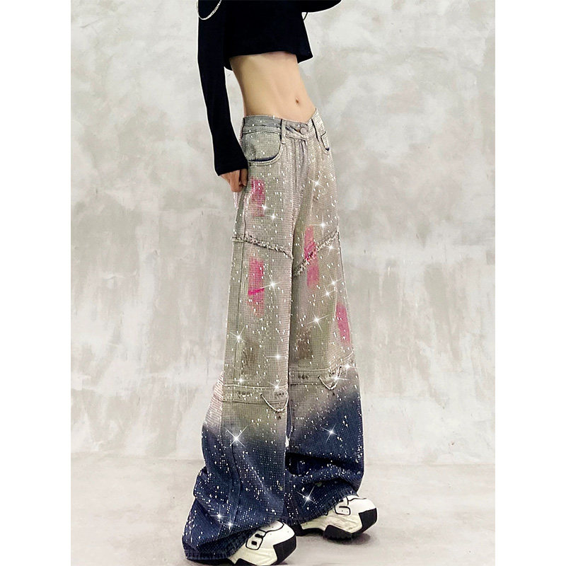 满天星烫钻彩绘渐变色牛仔裤女秋新款高腰宽松显瘦百搭直筒阔腿裤