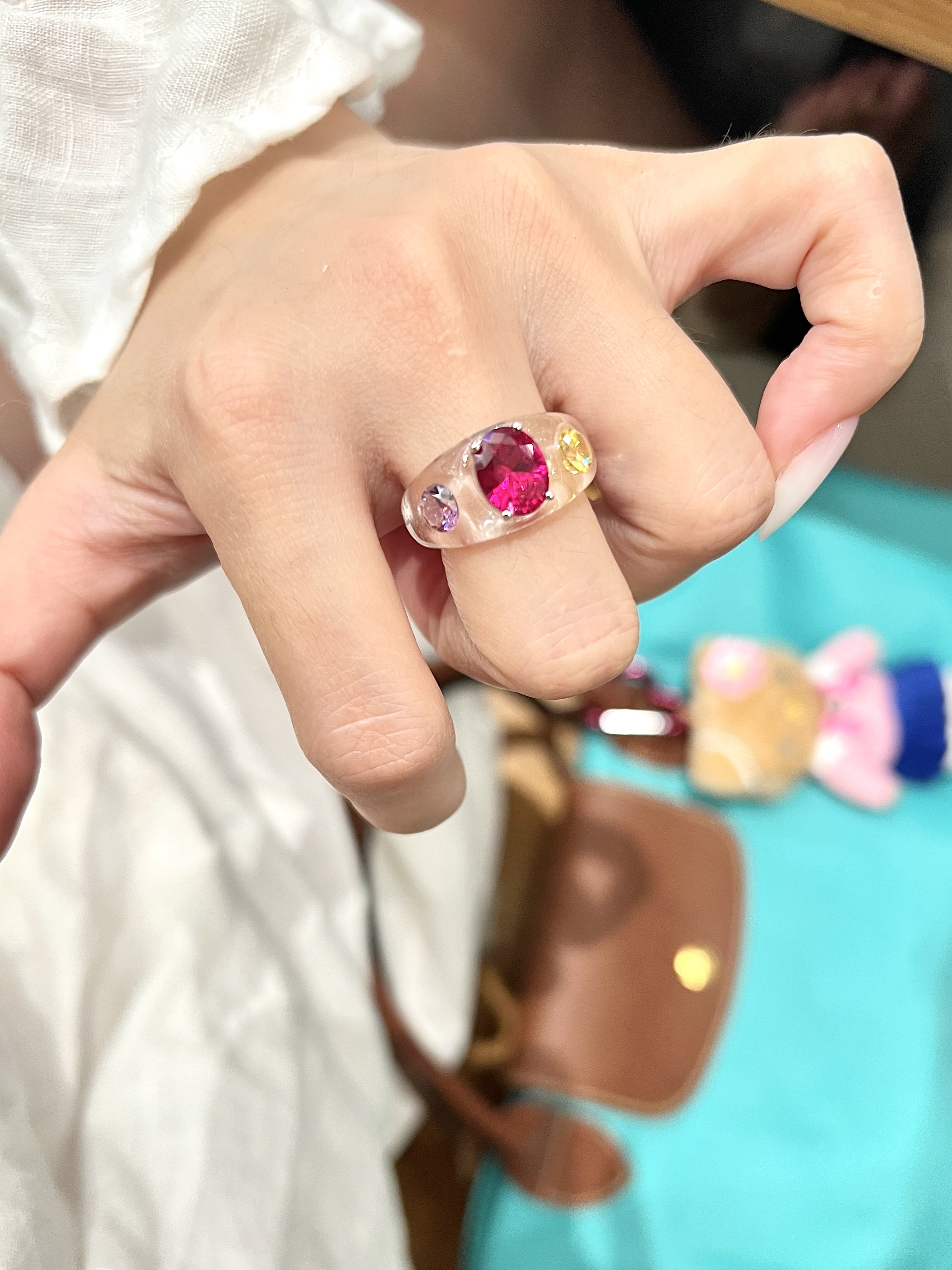 HONEY FOCUS水果糖戒指 天然白水晶小众百搭彩色女款戒指 #9481